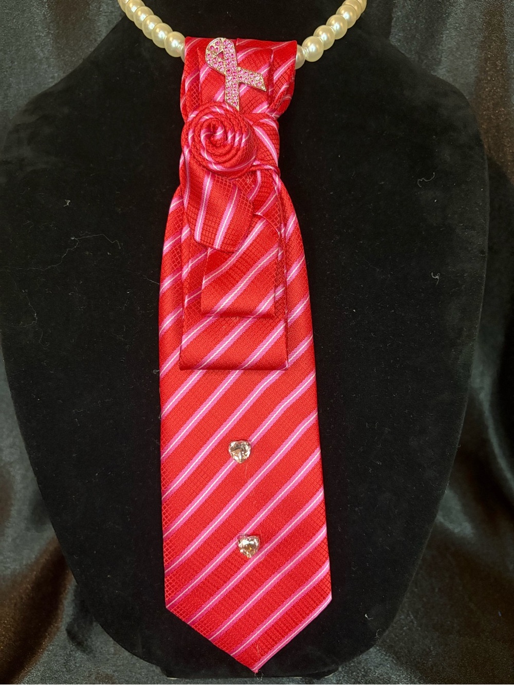 Red Striped Women's Neck Tie with Rose and Ribbon Accent
